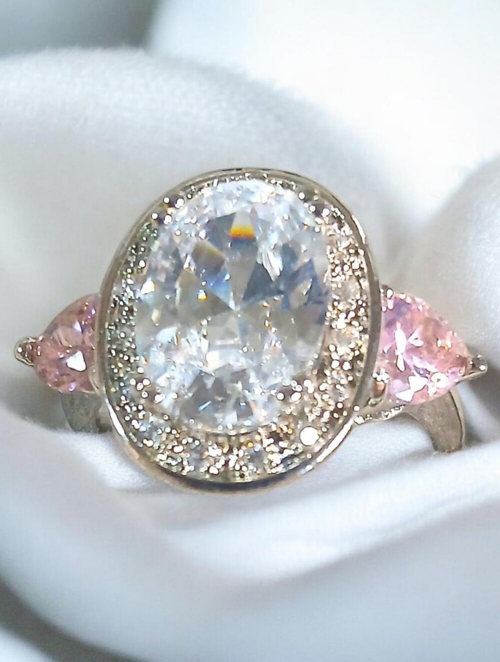 Sterling Silve CZ Oval Halo Ring with Pink Side Stones